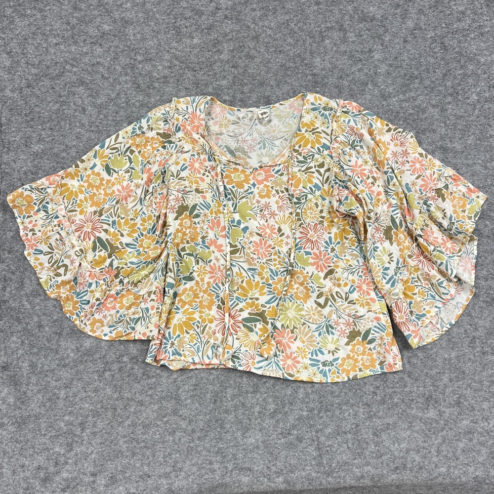 Ivy Jane Blouse Womens S/M Floral Blouse Tie Tassel Ruffle FlutterBoho Spring